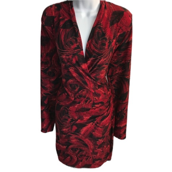 Norma Kamali red & black feather print faux wrap ls jersey dress size L in EUC - Picture 9 of 15